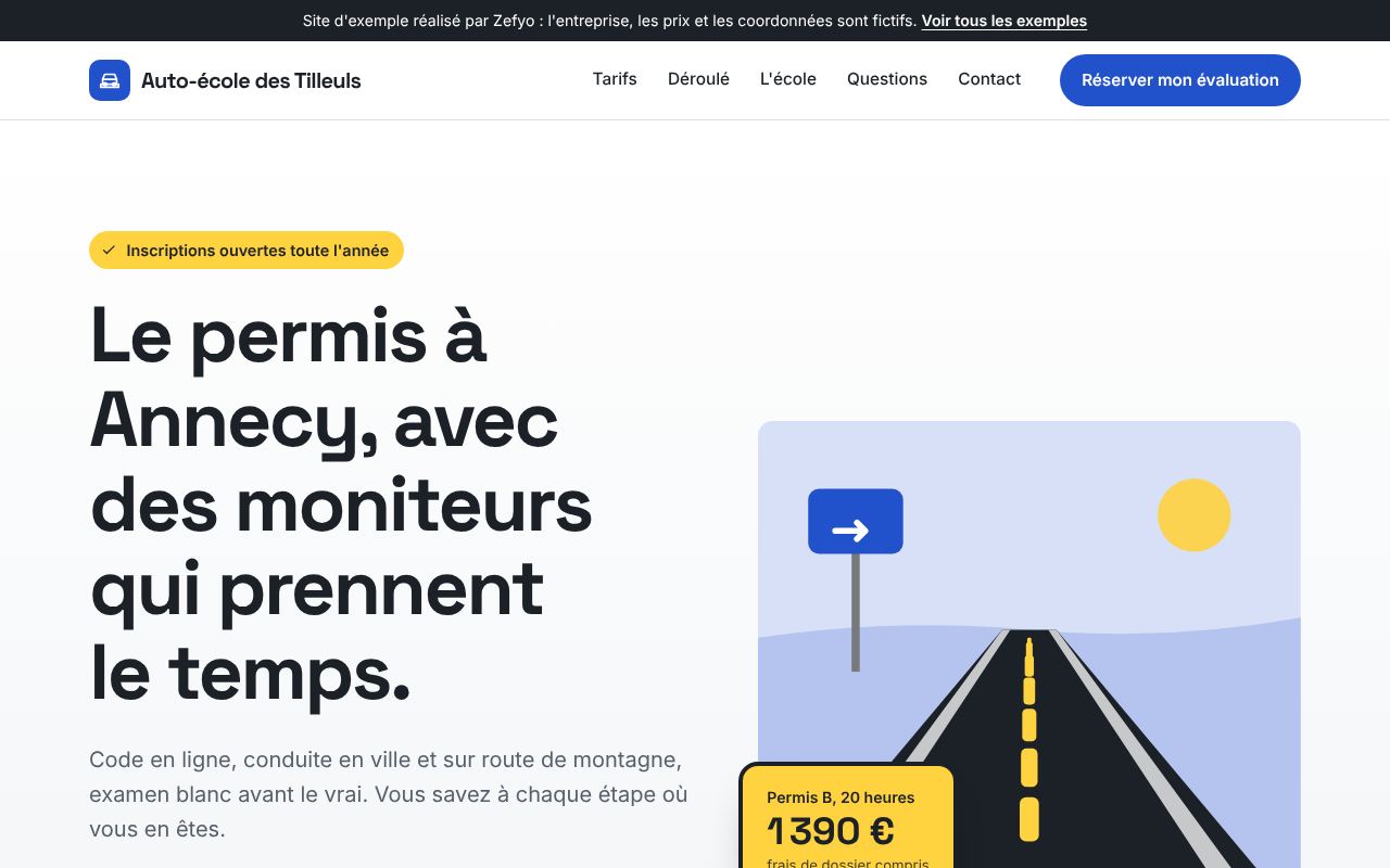 Page d'accueil de l'exemple Auto-école des Tilleuls