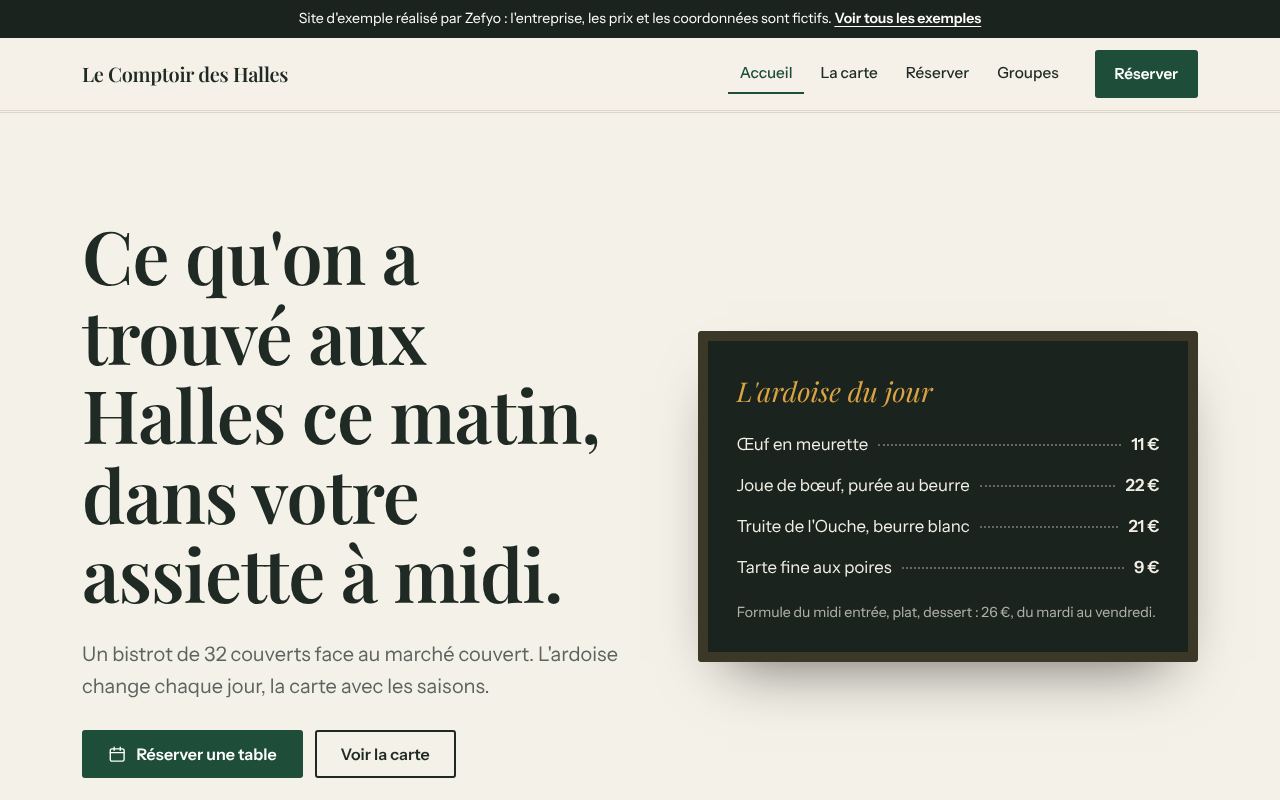 Page d'accueil de l'exemple Le Comptoir des Halles